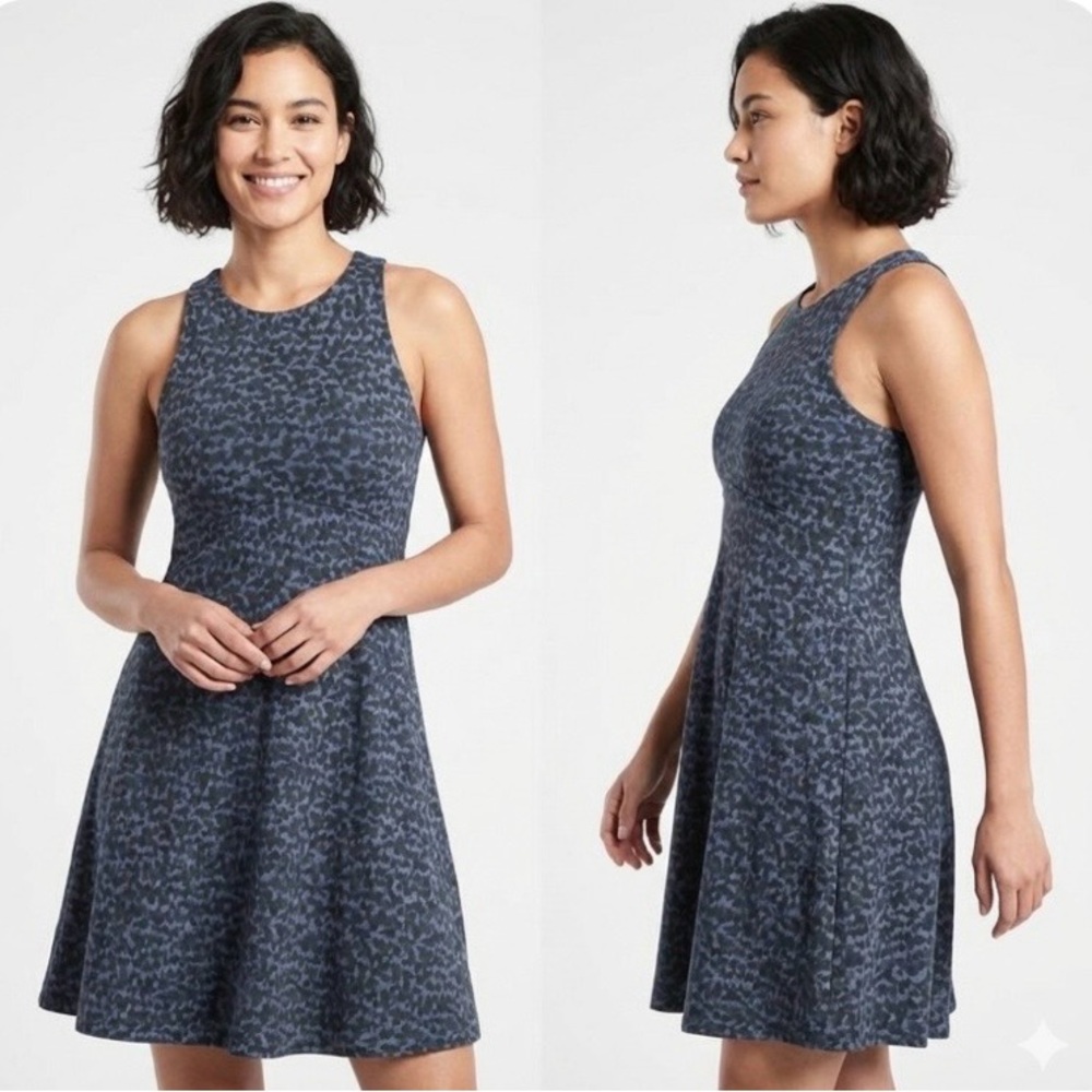 ATHLETA Santorini Blue Abstract Leopard High Neck Modal Swing Dress S